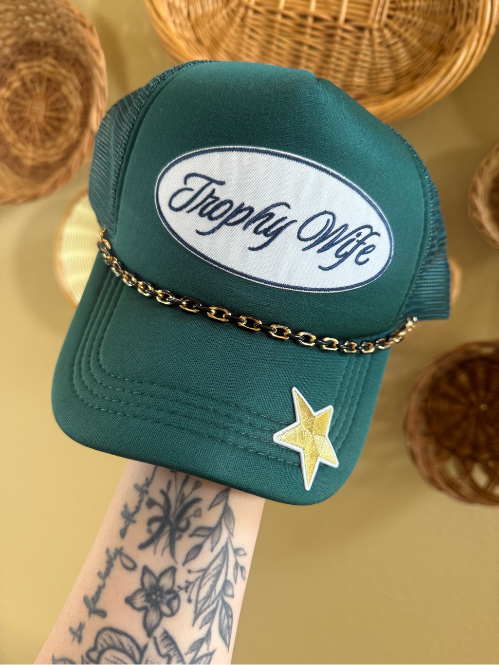 Green 'Trophy Wife' Chain Trucker Hat With Gold Star